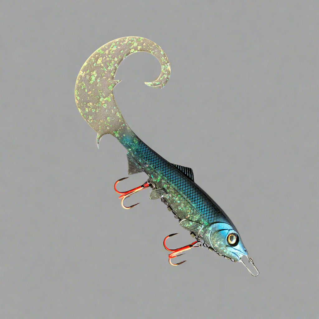 Fishing lure with a hook on a light gray background