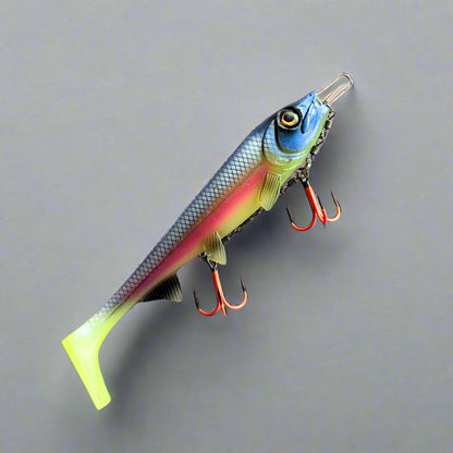 Colorful fishing lure with multiple hooks on a gray surface