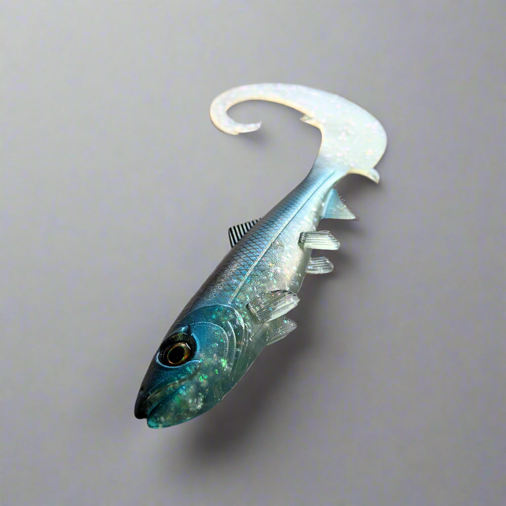 Fishing lure glittery blue colour with curl tail