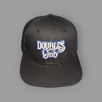 Black cap with 'DOUBLES ONLY' text on a gray background