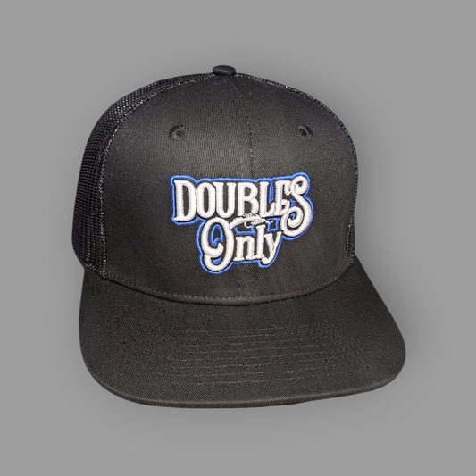 Black cap with 'Doubles Only' text on a gray background