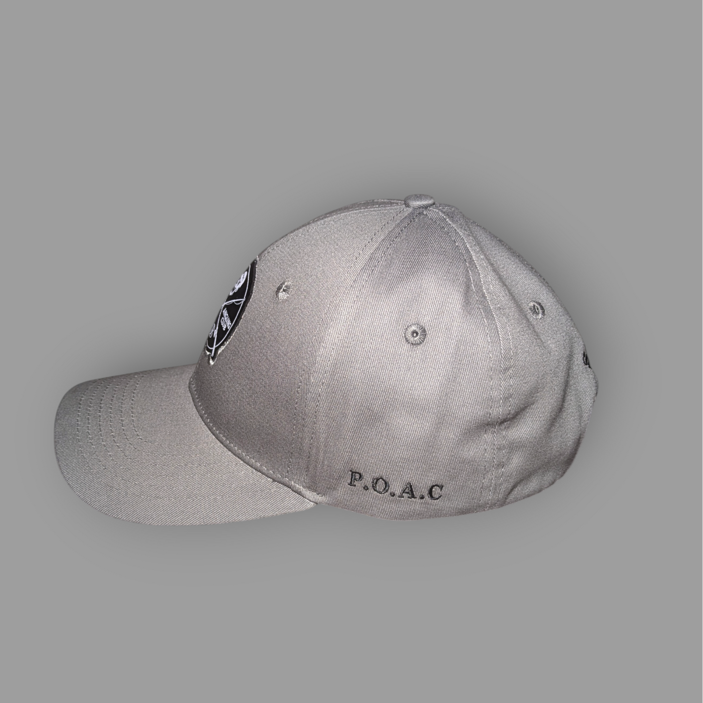 Gray cap with a logo and 'P.O.A.C.' text on a gray background
