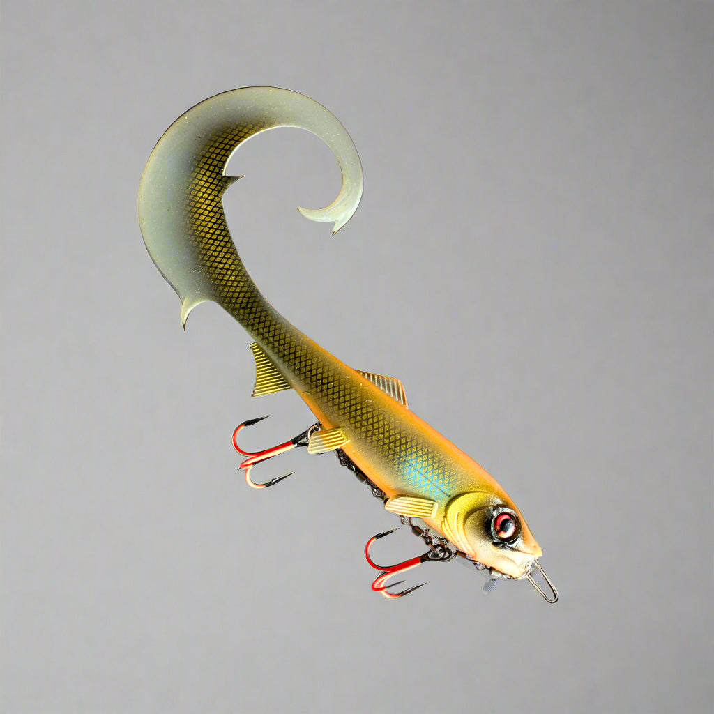 Yellow and green fishing lure on a gray surface