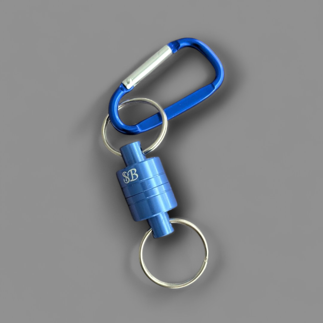 Blue carabiner fishing magnet with a key ring on a gray background