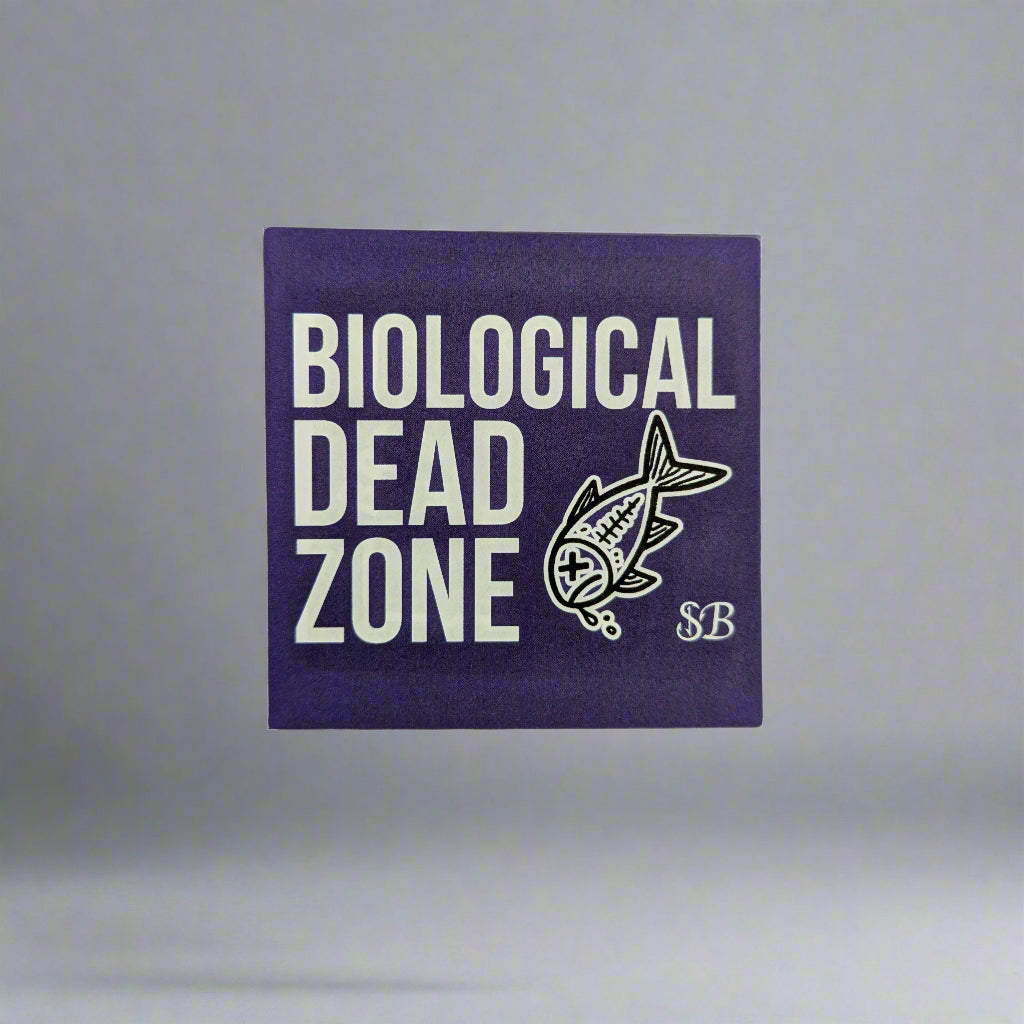 Square purple sticker with 'Dead Zone' text and fish icon on a white background