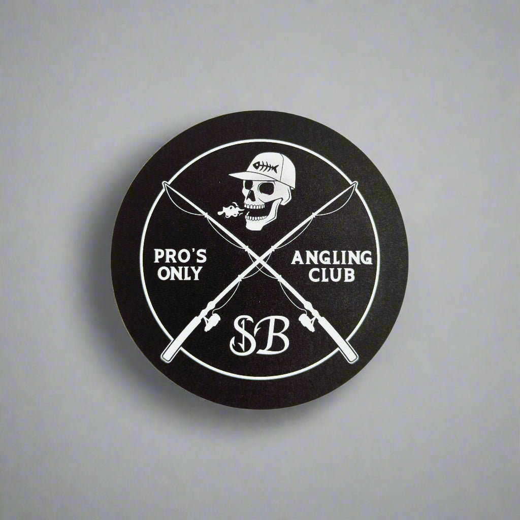 Circular logo with skull and crossed rods on a white background. pros only angling club sticker.