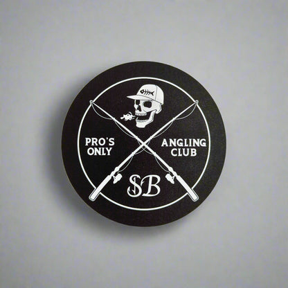 Circular logo with skull and crossed rods on a white background. pros only angling club sticker.