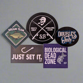 Collection of fishing-themed stickers on a yellow background