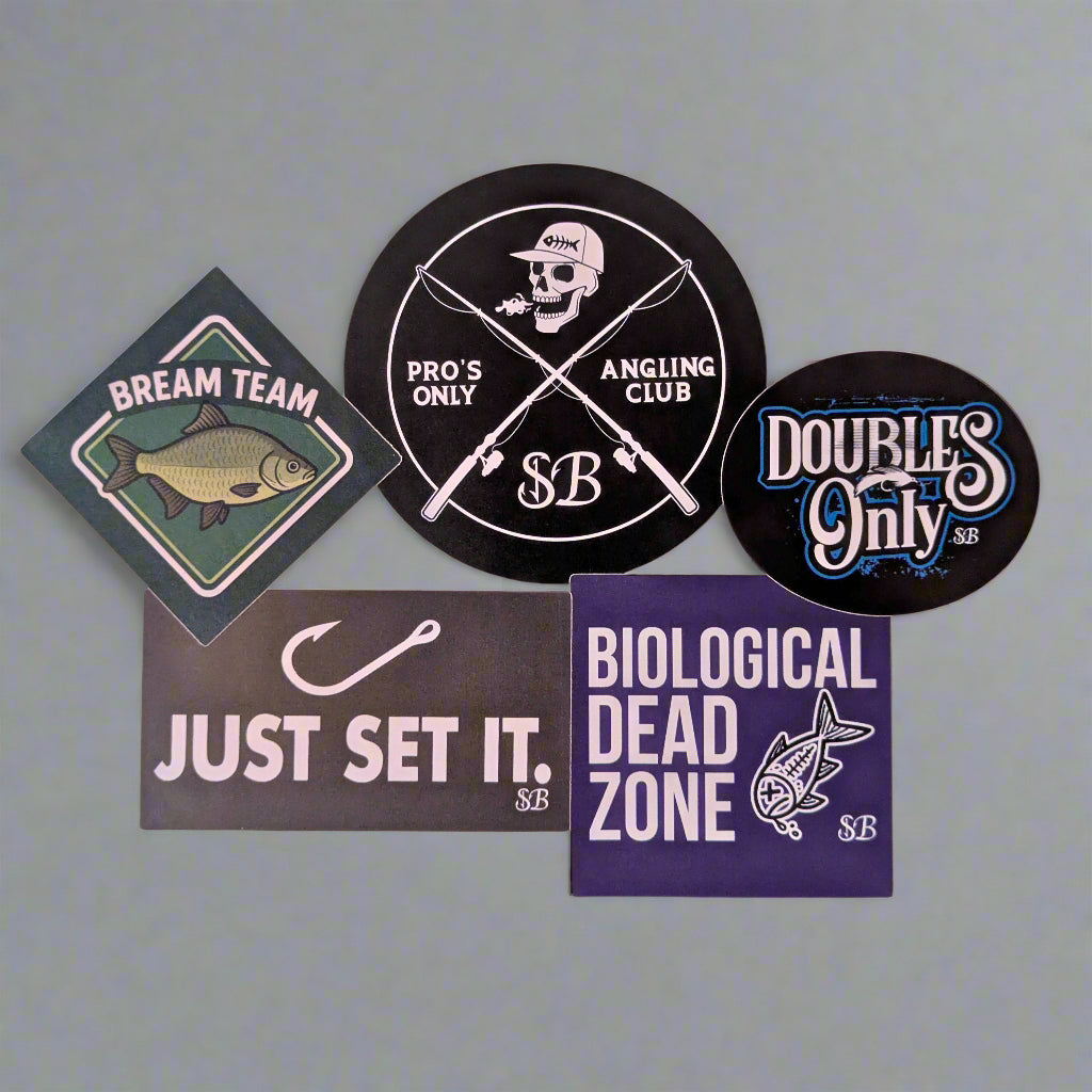 Collection of fishing-themed stickers on a yellow background