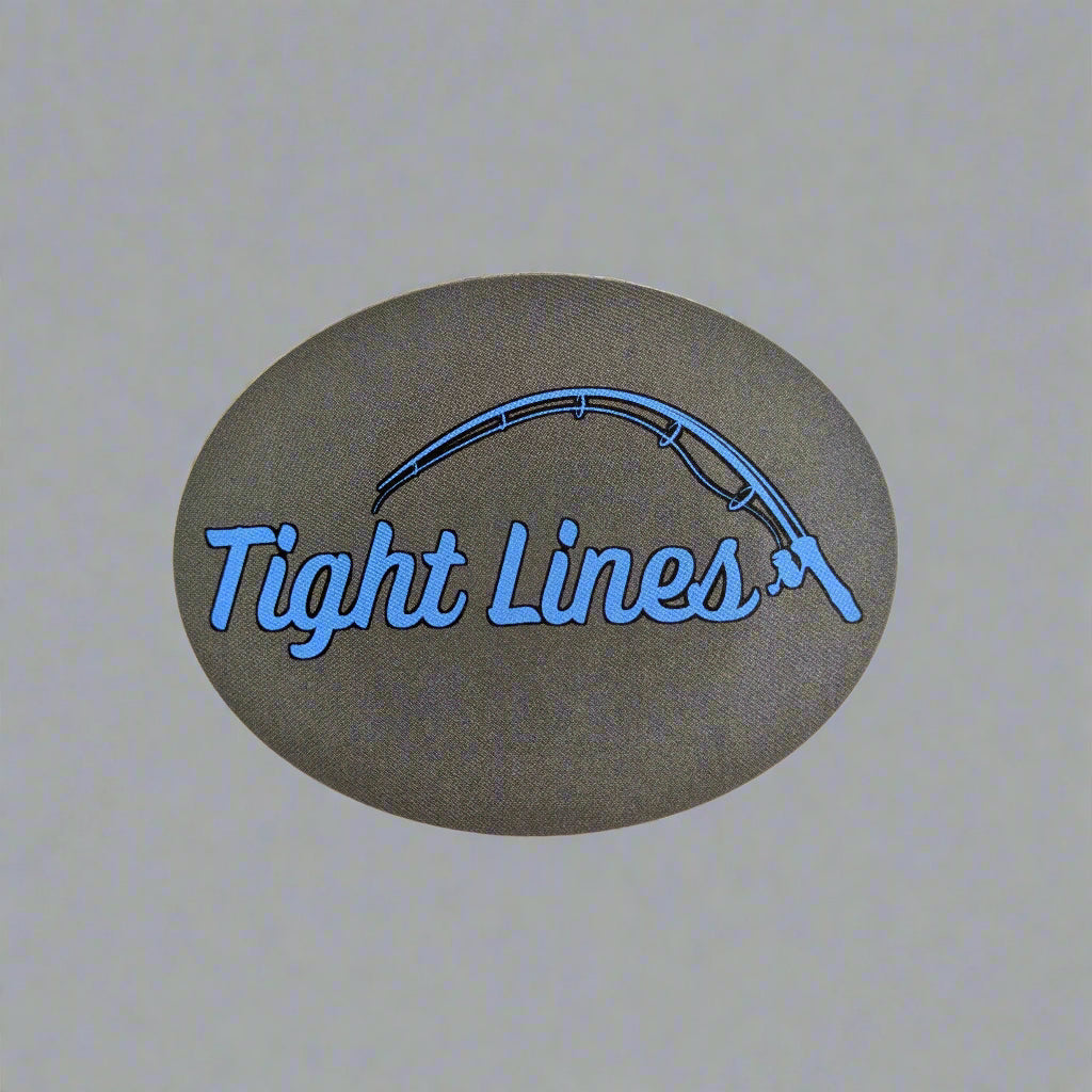 Sticker with 'Tight Lines' text and fishing rod graphic on a gray background